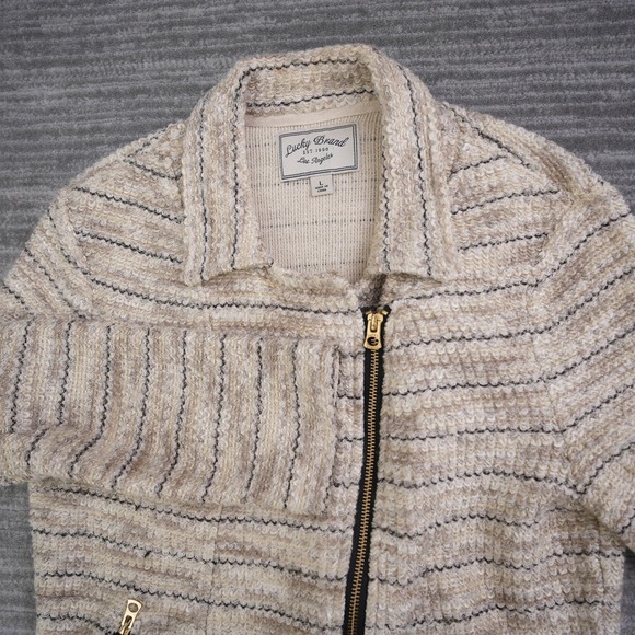 Lucky Brand Jackets & Blazers - Lucky Brand Womens Cream Beige Striped Textured Knit Moto Jacket Size L Large